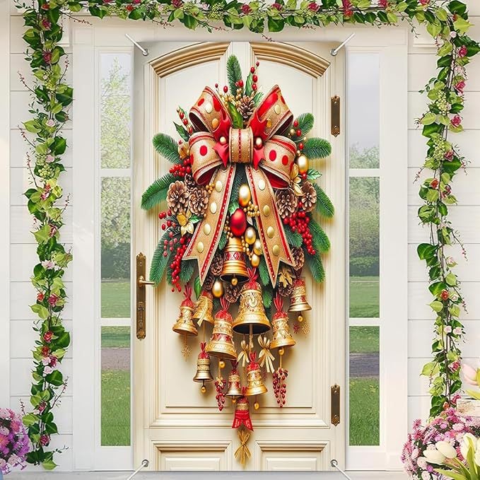 🎄Golden Christmas Bells & Wreath Door Cover - 35.4" x 70.8"